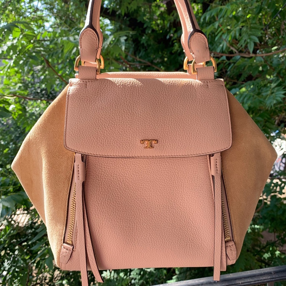 Tory Burch Half Moon Satchel - Pale Pink and Tan